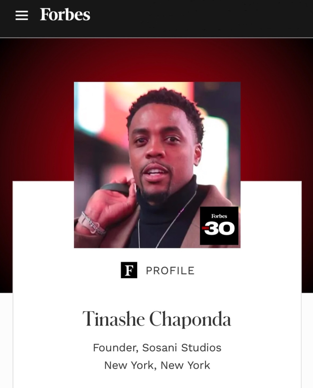 Forbes 30 Under 30 profile image of Tinashe Chaponda.